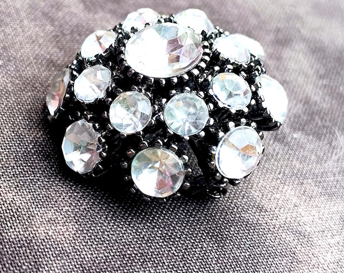 Victorian Revival Rhinestone Brooch in Black Metal - Figural Dome with Great Profile