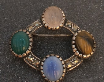 1940s Art Deco Scarab Brooch / Rose Quartz, Chalcedony, Tiger's Eye in Sterling Silver. Excellent Condition, Arrives in Gift Box