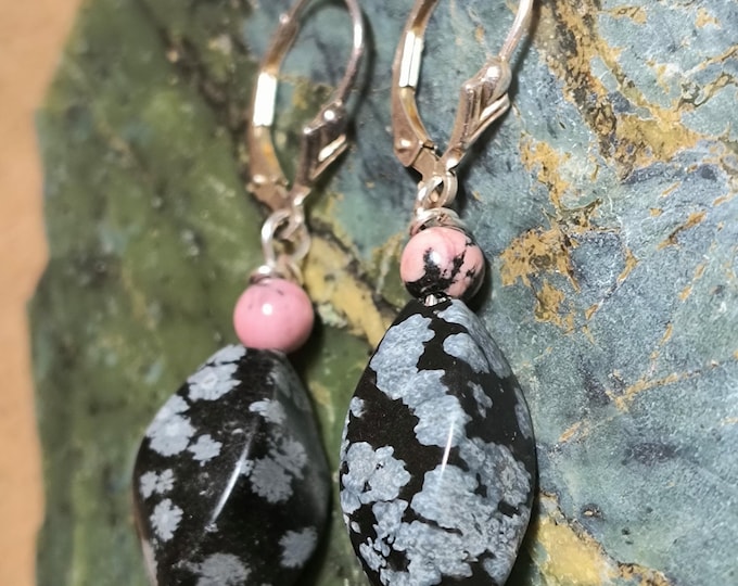 Handmade Obsidian & Rhodonite Drop Earrings, Sterling SIlver Findings