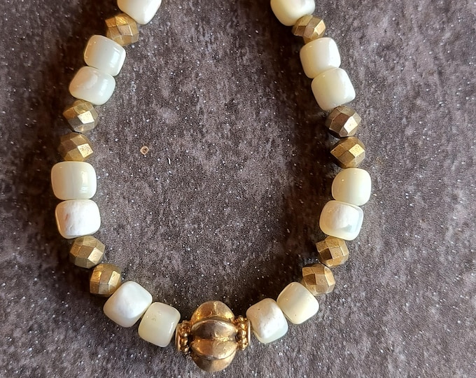 Beachy Boho Mother of Pearl & Gold Gilt Bead Bracelet, Handmade from Antique Beads