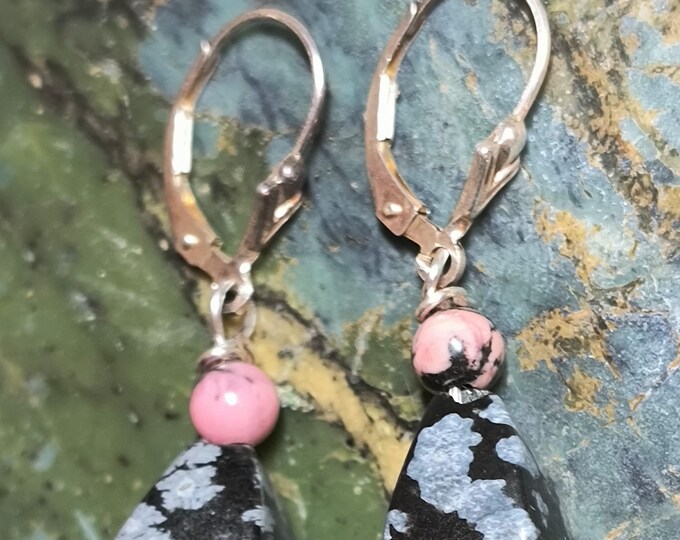 Snowflake Obsidian & Rhodonite Drop Earrings, Sterling SIlver Leverback Findings