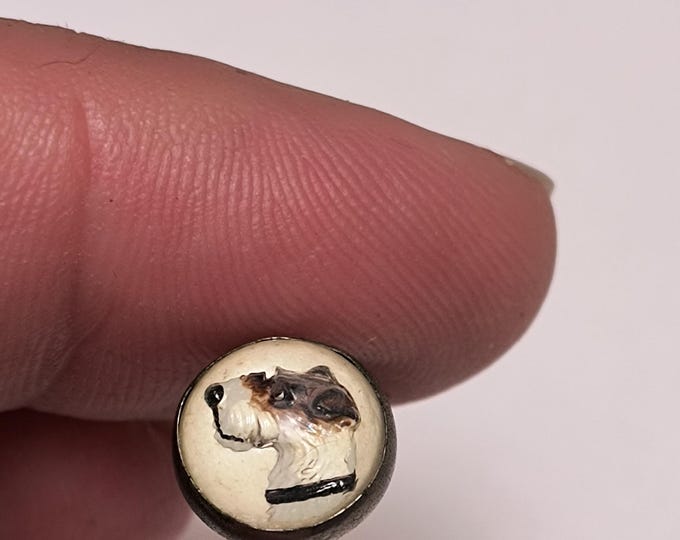 Victorian Shirt Stud with Reverse Painted Glass, Adorable Airdale, Terrier or Similar Dog - Element for Jewelry Making Custom Design