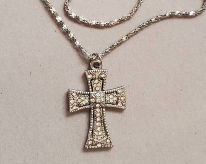 Vintage Crystal & Silver Cross Pendant Necklace