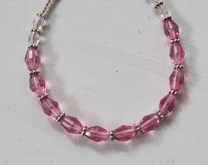 Pink Crystal Bead Bracelet, Sterling Clasp, Silver Accents, 8 Inch