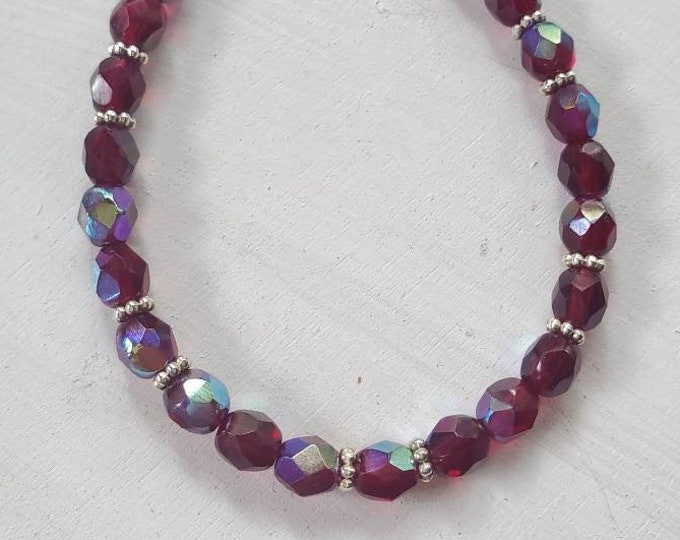 Blood Red Czech Bead Bracelet, Vintage Garnet Red AB Beads w/ Silver Accents, Sterling Silver Clasp, Ready to Wear, Gift Box, Made in Maine