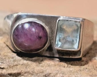 NATURAL Star Ruby & Aquamarine Ring, Handmade Artisan Sterling Silver Circa 1980