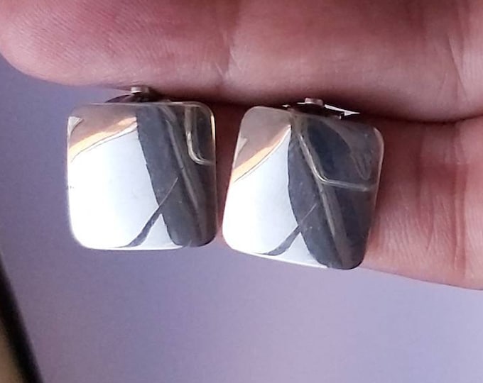 Vintage Sterling Silver Earrings - Minimalist and Geometric Square Clip On Earrings from the 80s
