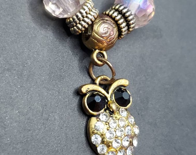 Crystal Owl Bracelet: Pink & Purple AB Beads, Silvertone Charm