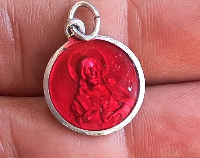 Vintage Sacred Heart Medal Good Luck Charm, Red Enamel Front - Likely from France
