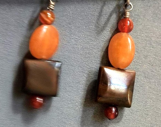 Carnelian & Tiger's Eye Drops - Vintage Handmade Bead Earrings