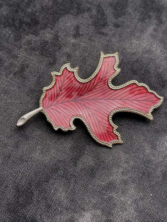 Vintage Red Enamel Leaf Brooch - Guilloche, Art Nouveau Theme in Golden Frame
