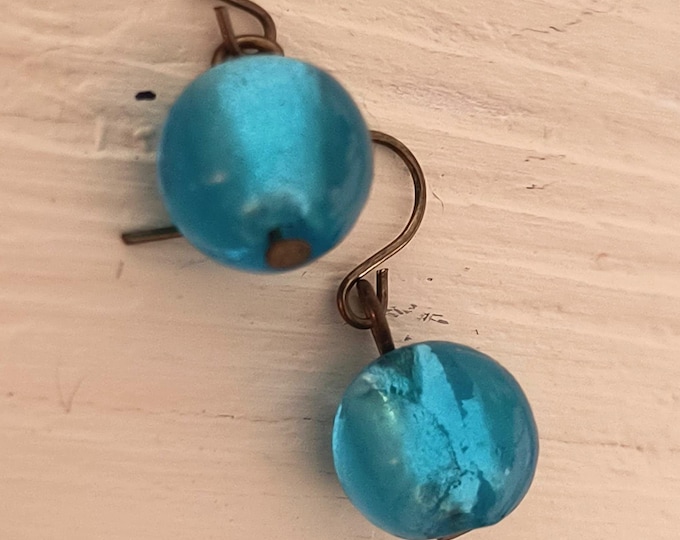 Handmade Blue Dichroic Glass Drop Earrings, Crafted in the US with Vintage Beads