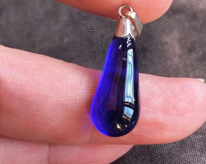 Vintage Cobalt Glass Pendant Charm with Sterling Silver Cap
