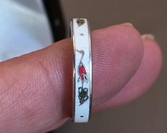 Vintage Thailand Enamel WWedding Band - Red Heron Motif