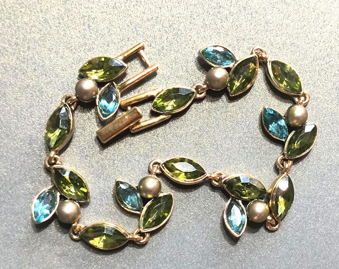 Art Nouveau Style Faux Peridot, Topaz & Pearl Costume Bracelet