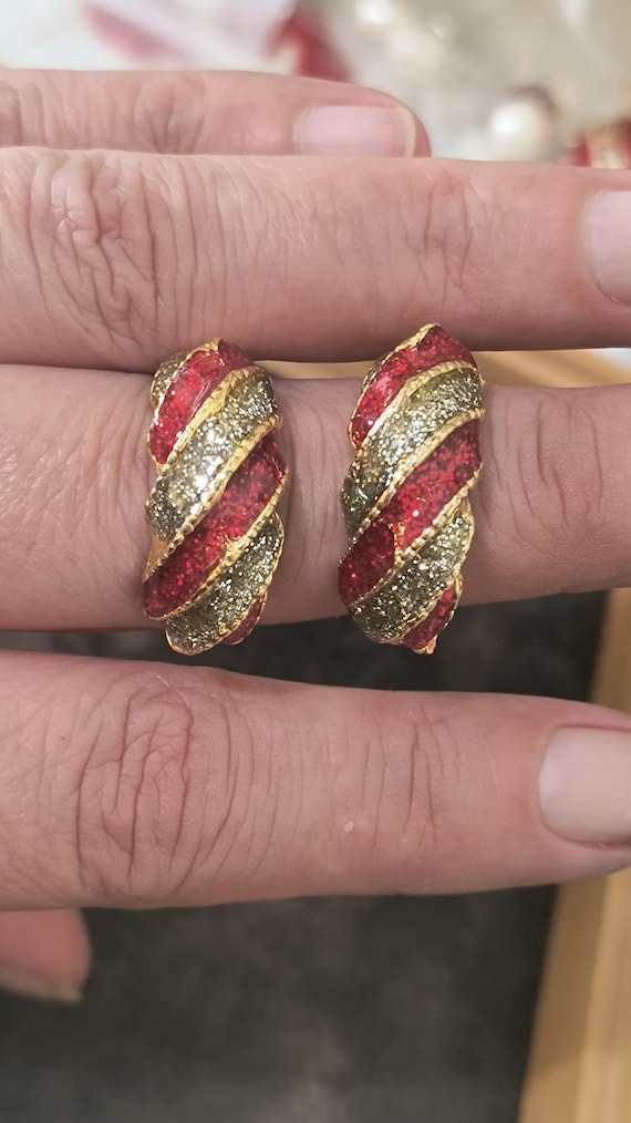 Vintage Christmas Earrings - Red, Silver & Gold Glittering Candy Cane Half Hoops