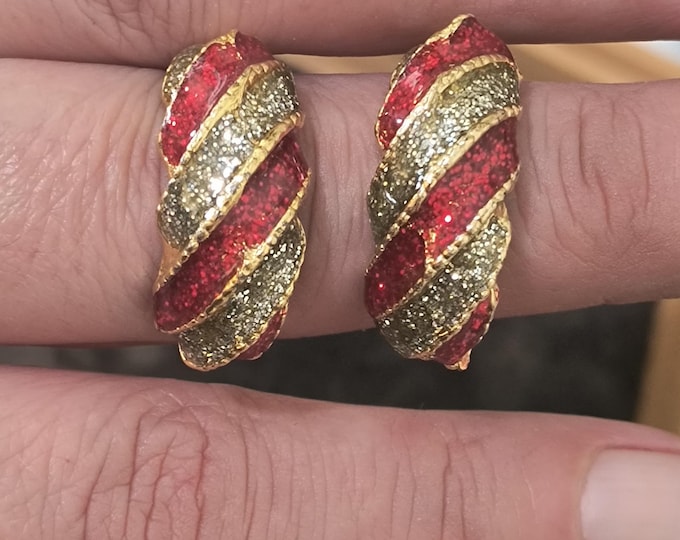 Vintage Christmas Earrings - Red, Silver & Gold Glittering Candy Cane Half Hoops