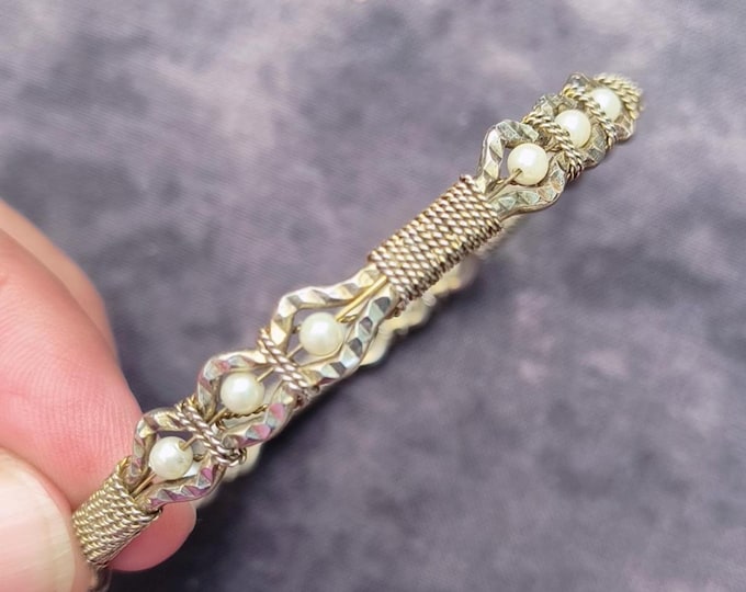 Pearl & Gold Vermeil Bangle Bracelet, Handmade Artisan Jewelry from 1980s