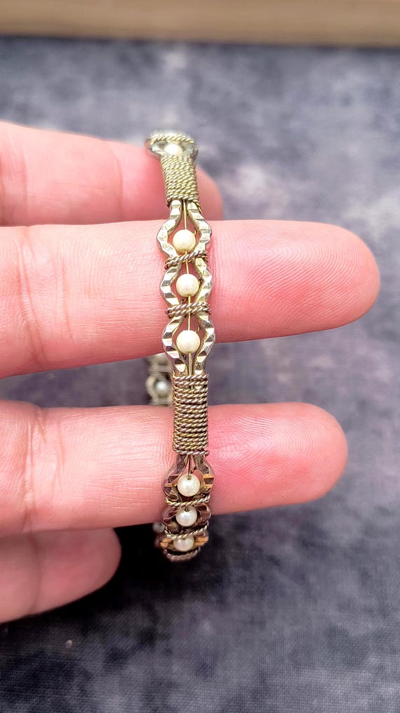 Vintage Pearl Bangle Bracelet, Gilt Gold Wrapped Wire Artisan Jewelry