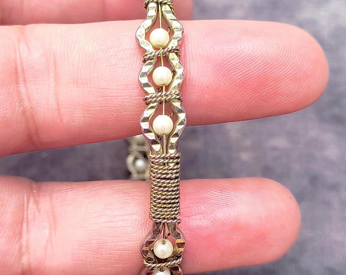 Vintage Pearl Bangle Bracelet, Gilt Gold Wrapped Wire Artisan Jewelry