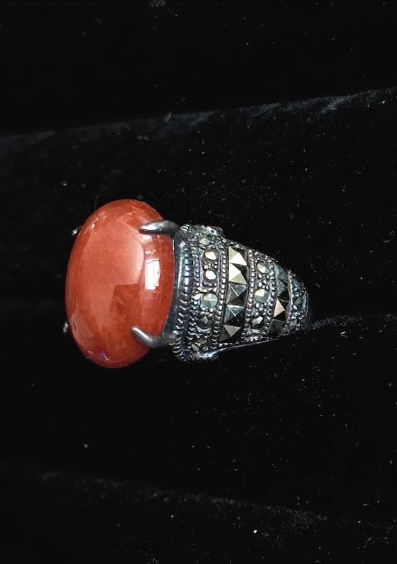 Art Deco Marcasite Cocktail Ring with Red Jasper Gemstone in Sterling Silver