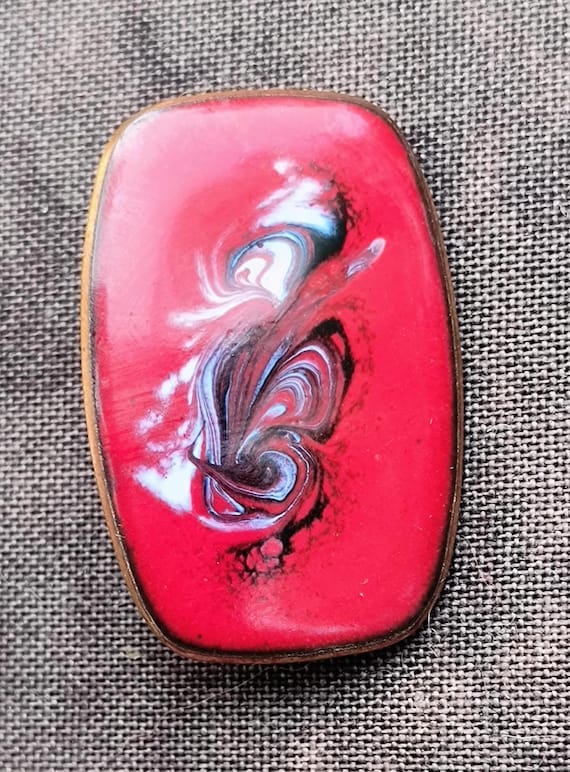 Modernist Enamel Brooch, 1960-70s Era Handmade in Crimson Colors