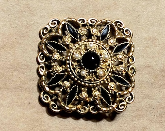 Victorian Mourning Style Brooch, Vintage Fau Pearl & Onyx Filigree Pin