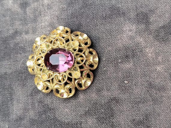 Victorian Revival Amethyst Glass Brooch in Goldtone