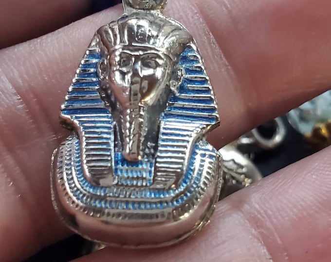 Silver Egyptian Pendant / Souvenier from Egypt, Pharoh Tutankhamun Mask with Blue Faiance Enamel