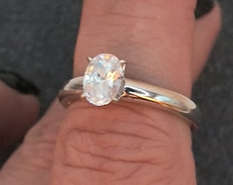 Oval Cubic Zirconia Sterling Silver Engagement Ring - Size 6 3/4