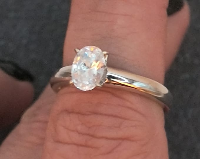 Oval Cubic Zirconia Sterling Silver Engagement Ring - Size 6 3/4