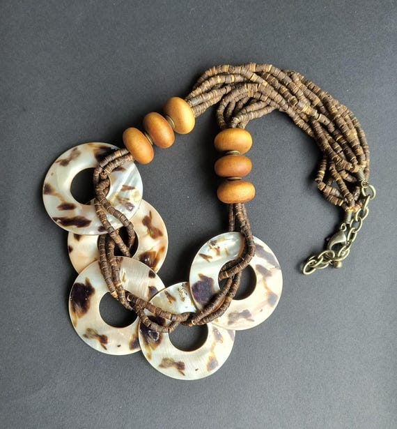 Vintage Carved Mother of Pearl and Wood Bead Necklace