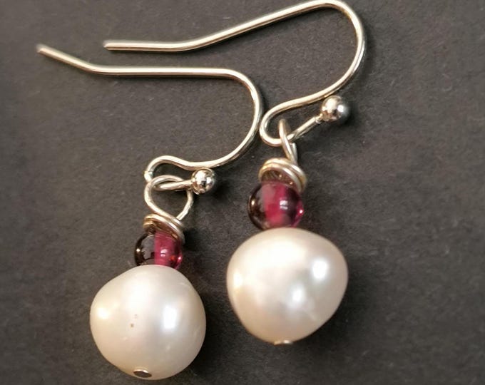 Garnet and Pearl Drop Earrings - Silver Plated