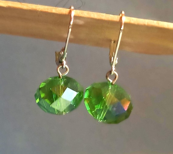 Peridot Green Crystal Drop Earrings with Sterling Silver Findings - Vintage