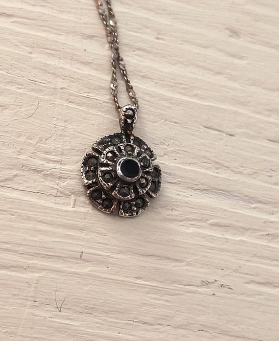 Art Deco Onyx & Marcasite Flower Pendant in Sterling Silver