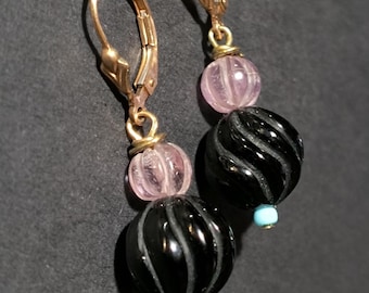 Art Deco Drop Earrings: Carved Onyx & Amethyst from the 1930s-40s