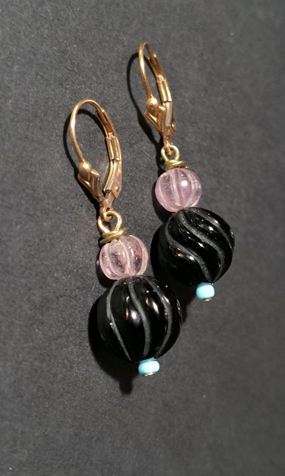 Art Deco Drop Earrings: Carved Onyx & Amethyst from the 1930s-40s