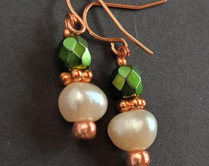 Emerald Green Crystal & Pearl Drop Earrings, Rose Gold Vermeil