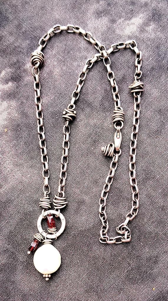 Vintage Silver & Pearl Handmade Necklace, Rustic Design in 925 Sterling