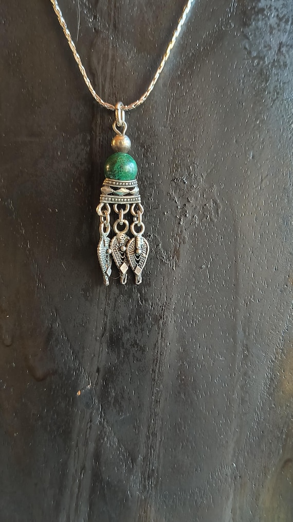 Vintage Chrysocolla & Silver Filigree Pendant - 1950-60s Eliat Stone from Israel / the Middle East