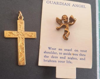 Vintage Goldtone Cross and Brass Guardian Angel – Christian Jewelry Lot