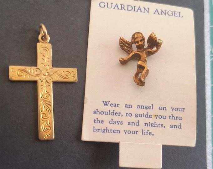 Vintage Goldtone Cross and Brass Guardian Angel – Christian Jewelry Lot