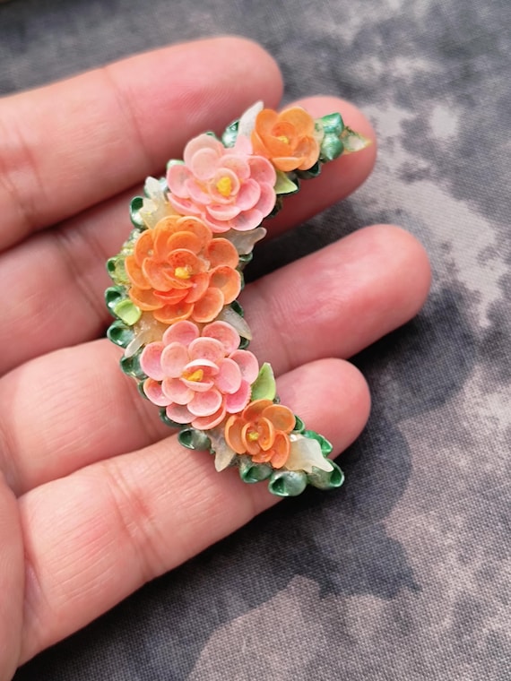 Antique Crescent Moon Pin, Floral Seashell Motif from the Early 1900s