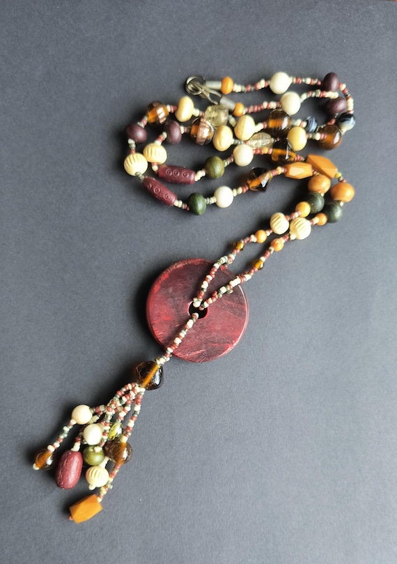 Vintage Boho Beaded Necklace - Wood, Bead, Stone and Bone Beads