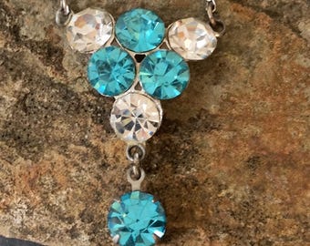 Vintage Rhinestone Necklace, Bright Blue and Brilliant White Gems!