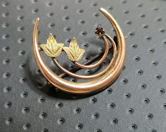 Crescent Moon Pin - Antique Brooch with Green Gold Leaves and Tiny Garnet!