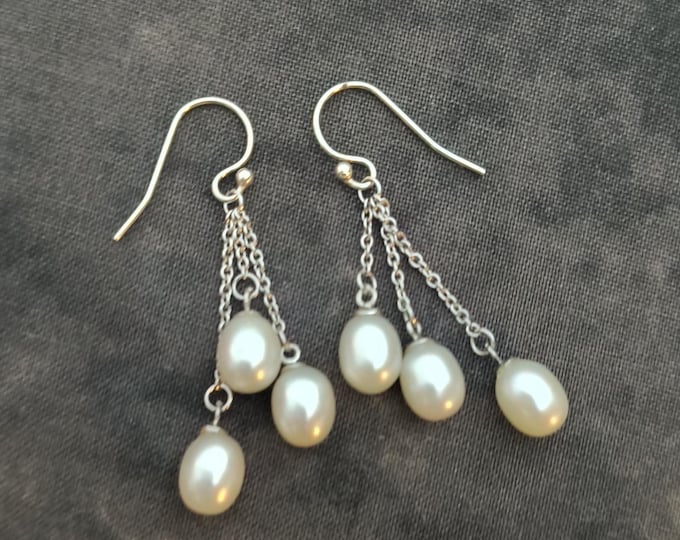 Sterling Silver Freshwater Pearl Drop Earrings, Long Dangle Style