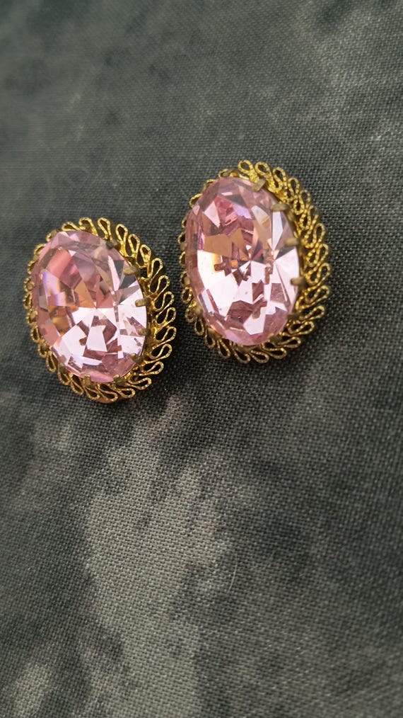 Antique Pink Foil back Clip On Earrings, Gilt Gold over Silver Frame
