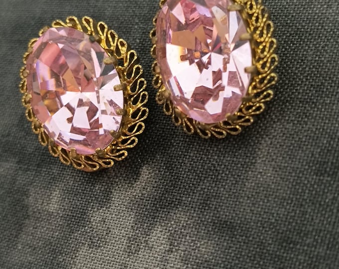 Antique Pink Foil back Clip On Earrings, Gilt Gold over Silver Frame