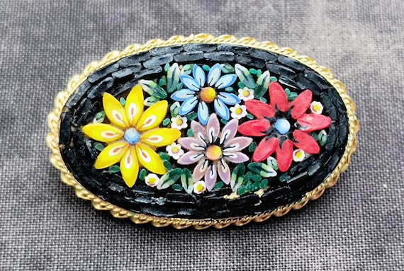 Vintage Micromosaic Brooch Pin - Black Background, Floral Mosaic - Fine Glass Inlay
